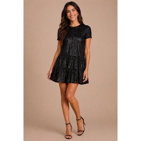 Lulus Dresses & Skirts - Lulus Taking a Shine Black Sequin Tiered Mini Shift Dress Cocktail Party Sparkle